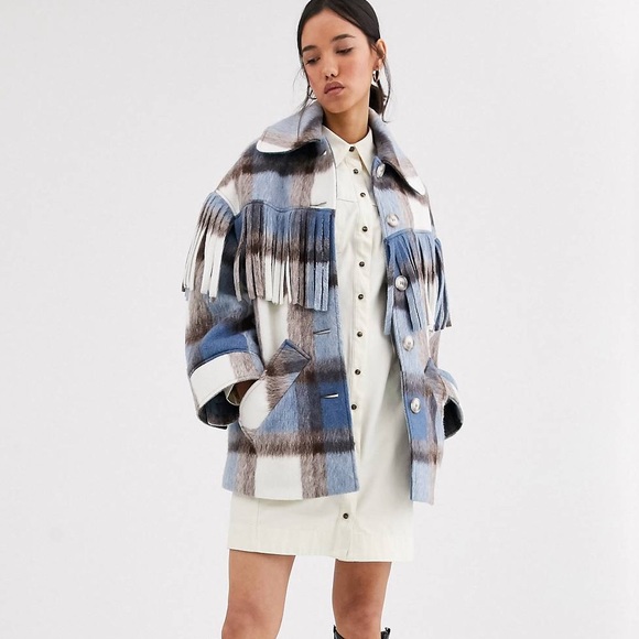 ASOS WHITE wool plaid coat with fringe, size 4 NWOT - Picture 2 of 14